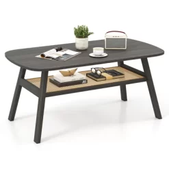 Tangkula 2-Tier Coffee Table W/ Rattan Storage Shelf & Rubber Wood Legs For Living Room 17 Tangkula 2-Tier Coffee Table W/ Rattan Storage Shelf & Rubber Wood Legs For Living Room -Tangkula GUEST aeb8fb24 5fda 4ad7 9206 3065f491ef67
