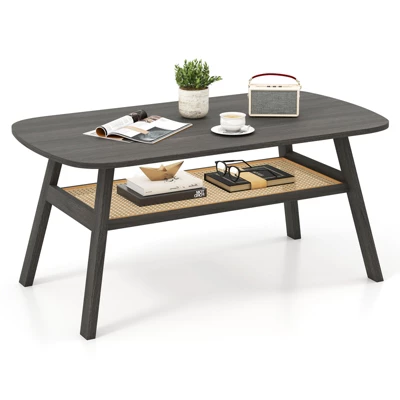 Tangkula 2-Tier Coffee Table W/ Rattan Storage Shelf & Rubber Wood Legs For Living Room 10 Tangkula 2-Tier Coffee Table W/ Rattan Storage Shelf & Rubber Wood Legs For Living Room - Image 8