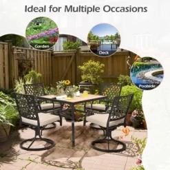 Tangkula 5PCS Patio Rattan Dining Set With Soft Cushions 4 Swivel Chairs With Dining Table For Poolside&Garden Grey