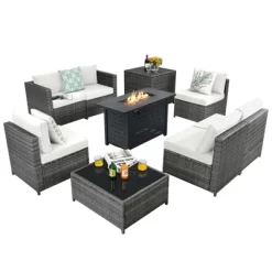 Tangkula 9 PCS Rattan Dinning Set Wicker Sofa W/Propane Gas Fire Pit 60,000 Btu Heater -Tangkula GUEST af9411d6 76ae 4fa4 af7c 1a23d13489d9