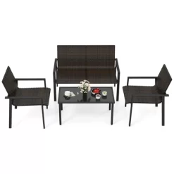 Tangkula 4 PCS Patio Furniture Set Heavy Duty Galvanized Metal Frame Wicker Table Black -Tangkula GUEST aff6967a abf2 44b1 9807 b0d07d9ec46f