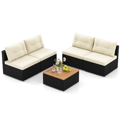 Tangkula 5 Pieces Outdoor Patio Furniture Set Sectional PE Rattan Sofa Set With Cushions And Acacia Wood Coffee Table 11 Tangkula 5 Pieces Outdoor Patio Furniture Set Sectional PE Rattan Sofa Set With Cushions And Acacia Wood Coffee Table - Image 9