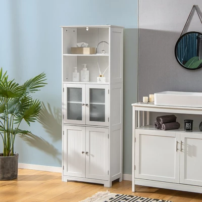 Tangkula Bathroom Tall Storage Cabinet Linen Tower W/ Glass Door & Adjustable Shelf White 4 Tangkula Bathroom Tall Storage Cabinet Linen Tower W/ Glass Door & Adjustable Shelf White - Image 2