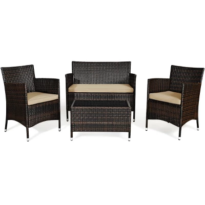 Tangkula 4 PCS Patio Rattan Wicker Furniture Set Outdoor With Cushions 6 Tangkula 4 PCS Patio Rattan Wicker Furniture Set Outdoor With Cushions - Image 4