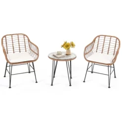 Tangkula 3PCS Patio Rattan Furniture Set With Round Tempered Glass Top Table & 2 Rattan Armchairs White/Turquoise/Red -Tangkula GUEST b0a13c4a 859f 4ccf a3b2 ac512a50415d