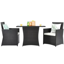 Tangkula 3PCS Patio Rattan Dining Set Space-Saving Furniture Set With Tempered Glass Top Table And Cushioned Chairs -Tangkula GUEST b124ffe0 86bb 4784 88de 336e3a1fcc64