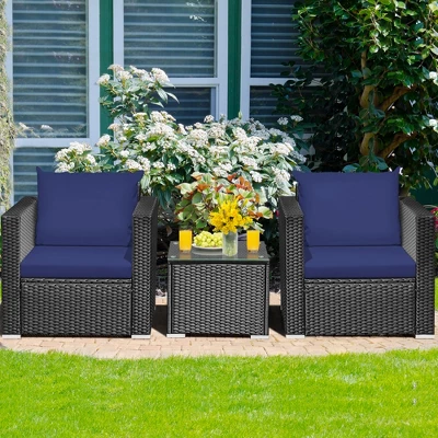 Tangkula 3PCS Rattan Patio Conversation Furniture Set Outdoor W/ Navy Cushions 3 Tangkula 3PCS Rattan Patio Conversation Furniture Set Outdoor W/ Navy Cushions