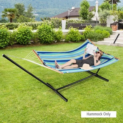 Tangkula Portable Hammock W/ Spreader Bars & Detachable Pillow Quick Dry & Water Proof Material Woven Cotton Rope Blue + Green/Light Blue + Yellow 3 Tangkula Portable Hammock W/ Spreader Bars & Detachable Pillow Quick Dry & Water Proof Material Woven Cotton Rope Blue + Green/Light Blue + Yellow