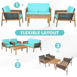 Tangkula 8PCS Patio Acacia Wood Furniture Set PE Rattan Conversation Set W/ Turquoise Cushions -Tangkula GUEST b247e4d8 adba 4970 8370 a033d1abbcd8