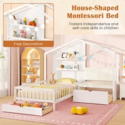 Tangkula Twin Size House Bed Kids Platform Bed W/ Padded Bench & Floating Shelves 16 Tangkula Twin Size House Bed Kids Platform Bed W/ Padded Bench & Floating Shelves -Tangkula GUEST b2ab29eb c173 465a 8597 f108744afa19