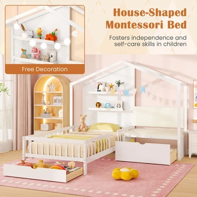 Tangkula Twin Size House Bed Kids Platform Bed W/ Padded Bench & Floating Shelves 9 Tangkula Twin Size House Bed Kids Platform Bed W/ Padded Bench & Floating Shelves - Image 7