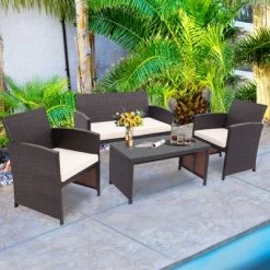 Tangkula 4PCS Outdoor Patio Furniture Sets Weather-Resistant Rattan Sofas W/ Soft Cushion White -Tangkula GUEST b3104b99 ef74 4d49 b50f ac3229d30ba0
