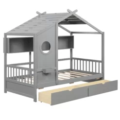 Tangkula Twin Size House Bed Kids Bed Frame W/ 2 Storage Drawers & Fence Guardrails -Tangkula GUEST b32455ab 5665 432d 92f9 b14a60d907db