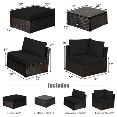 Tangkula 6PCS Rattan Patio Sectional Sofa Set Outdoor Furniture Set W/ Black Cushions 10 Tangkula 6PCS Rattan Patio Sectional Sofa Set Outdoor Furniture Set W/ Black Cushions - Image 8