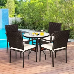 Tangkula 4 PCS Stackable Rattan Chairs Outdoor Dining Chairs W/Cushion For Porch Yard Garden