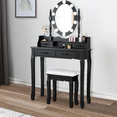 Tangkula Make-Up Vanity Table Dresser Set W/LED Light, Black Brown White 3 Tangkula Make-Up Vanity Table Dresser Set W/LED Light, Black Brown White