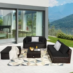 Tangkula 6PCS Rattan Patio Sectional Sofa Set Outdoor Furniture Set W/ Black Cushions