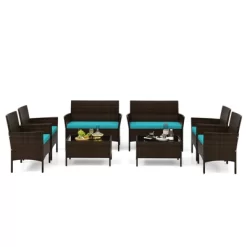 Tangkula 8 Piece Patio Rattan Conversation Set Outdoor Wicker Furniture Set W/ Chair Loveseat & Tempered Glass Table Beige/Black/Gray/Navy/Turquoise -Tangkula GUEST b57a599d 5144 4a5a aa8c 439150905c4e