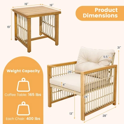 Tangkula 3PCS Patio Acacia Wood PE Wicker Furniture Set W/ Soft Seat & Back Cushions 10 Tangkula 3PCS Patio Acacia Wood PE Wicker Furniture Set W/ Soft Seat & Back Cushions - Image 8