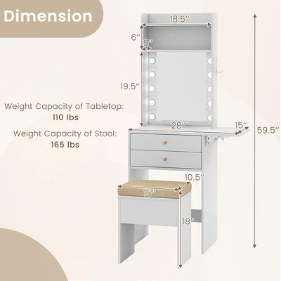 Tangkula Vanity Desk Set W/ Mirror And Lights 3-Color Lighted Mirror Cushioned Stool White 10 Tangkula Vanity Desk Set W/ Mirror And Lights 3-Color Lighted Mirror Cushioned Stool White - Image 8