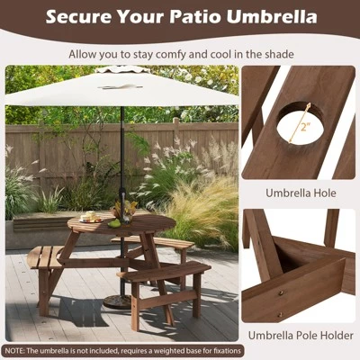 Tangkula 6-Person Round Picnic Table Set W/ 3 Built-in Benches 2" Umbrella Hole 11 Tangkula 6-Person Round Picnic Table Set W/ 3 Built-in Benches 2" Umbrella Hole - Image 9