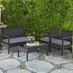 Tangkula 8PCS Patio Wicker Rattan Conversation Set Outdoor Furniture Set W/ Cushion