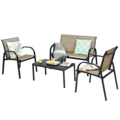 Tangkula 4PCS Metal Coversation Set With Black Coffee Tbale Brown -Tangkula GUEST b6a9f3a2 d452 4220 ab0a 60bc845b6f3a