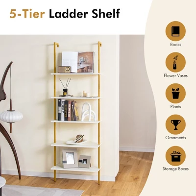 Tangkula 5 Tier Ladder Shelf 71" Open Wall-Mounted Bookcase With Golden Steel Frame 8 Tangkula 5 Tier Ladder Shelf 71" Open Wall-Mounted Bookcase With Golden Steel Frame - Image 6