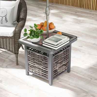 Tangkula 21.5 Inches Outdoor PE Rattan Side Table W/ Resin Tabletop Umbrella Hole 3 Tangkula 21.5 Inches Outdoor PE Rattan Side Table W/ Resin Tabletop Umbrella Hole