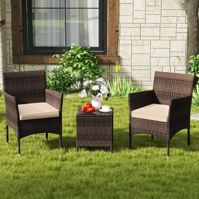 Tangkula 3 Pieces Patio Rattan Furniture Set Outdoor Conversation Set With PE Wicker Armchairs Tempered Glass Top Coffee Table 4 Tangkula 3 Pieces Patio Rattan Furniture Set Outdoor Conversation Set With PE Wicker Armchairs Tempered Glass Top Coffee Table - Image 2