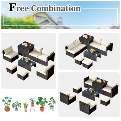 Tangkula 8PCS Patio Conversation Set Sectional Sofa Set, All-Weather PE Rattan, Tempered Glass Table & Washable Cushion Covers 5 Tangkula 8PCS Patio Conversation Set Sectional Sofa Set, All-Weather PE Rattan, Tempered Glass Table & Washable Cushion Covers - Image 3