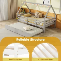 Tangkula Twin Size House Bed W/ Trundle Wooden Kids Bed W/ Safety Rails & Decorable Roof 17 Tangkula Twin Size House Bed W/ Trundle Wooden Kids Bed W/ Safety Rails & Decorable Roof -Tangkula GUEST b7e3f11e 7c54 4a8f 8d81 6dd8933e36ce