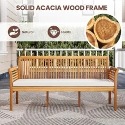 Tangkula 3 Person Outdoor Bench, 62.5" Acacia Wood Patio Sofa With Curved Armrests And Removable Seat Cushion -Tangkula GUEST b8754cbc c470 4569 be5d 725ccbabf560