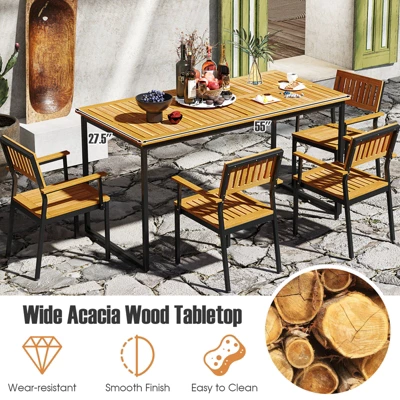 Tangkula 55” Patio Dining Table 6 People Acacia Wood Dining Table With Slatted Tabletop U-shaped Frame Adjustable Foot Pads 8 Tangkula 55” Patio Dining Table 6 People Acacia Wood Dining Table With Slatted Tabletop U-shaped Frame Adjustable Foot Pads - Image 6
