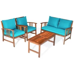 Tangkula 8pcs Wooden Patio Furniture Set Table & Sectional Sofa W/ Turquoise Cushion 17 Tangkula 8pcs Wooden Patio Furniture Set Table & Sectional Sofa W/ Turquoise Cushion -Tangkula GUEST b8f27d9e 3e47 4f16 a3db 53db73d959b8