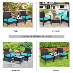 Tangkula 3 PCS Patio Wicker Rattan Furniture Set Coffee Table & 2 Rattan Chair W/ Cushion Turquoise -Tangkula GUEST b97742d4 747f 4d02 b12a c9a376fc350f