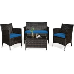 Tangkula 4PCS Patio Rattan Conversation Furniture Set Outdoor W/ Peacock Blue Cushion -Tangkula GUEST b9f16a04 92b5 4404 877b e4e2e4765b9c