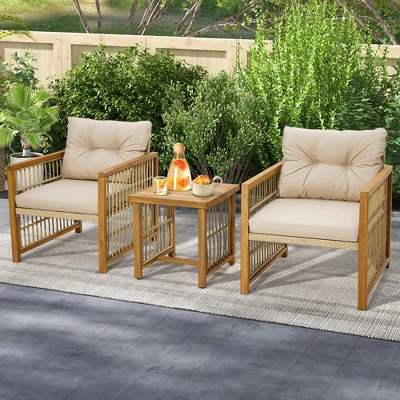 Tangkula 3PCS Patio Acacia Wood PE Wicker Furniture Set W/ Soft Seat & Back Cushions 5 Tangkula 3PCS Patio Acacia Wood PE Wicker Furniture Set W/ Soft Seat & Back Cushions - Image 3