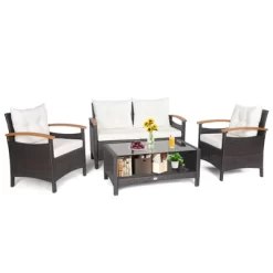Tangkula Patio Rattan 4PCS Cushioned Chair Side Table Set Bistro Set Classic Furniture Single Sofa Thick Cushion Loveseat For Garden Off White/Navy -Tangkula GUEST ba6df271 a52a 4953 b818 e2c4849b7680