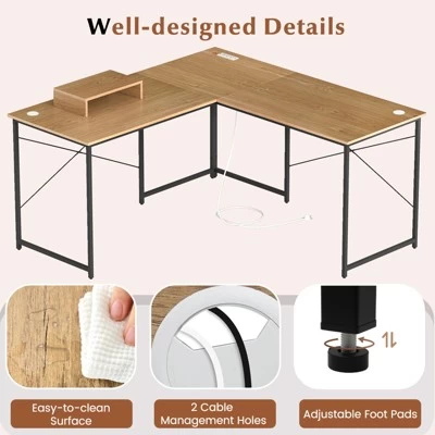 Tangkula L-Shaped Computer Desk With Power Outlets 95” Long 2-Person Desk With Monitor Shelf Modern Corner Desk Gaming Table With USB Ports Natural 6 Tangkula L-Shaped Computer Desk With Power Outlets 95” Long 2-Person Desk With Monitor Shelf Modern Corner Desk Gaming Table With USB Ports Natural - Image 5