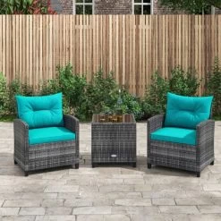 Tangkula 3 Pieces Patio Bistro Set Outdoor PE Rattan Conversation Chair Set With Tempered Glass Side Table And Removable Cushions Turquoise -Tangkula GUEST bb2a4da9 92c5 464c 95a5 9bc6b7cc3546