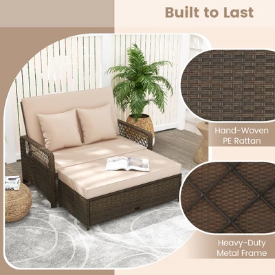 Tangkula Patio Rattan Daybed Wicker Loveseat Sofa W/ Multifunctional Ottoman 5 Tangkula Patio Rattan Daybed Wicker Loveseat Sofa W/ Multifunctional Ottoman - Image 3