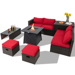 Tangkula 9PCS Outdoor Patio Furniture Set With 30" Propane Fire Pit Table PE Wicker Space-Saving Sectional Sofa Set W/ Storage Box & Cushions -Tangkula GUEST bb85bf94 1308 408e 8214 6f4bdb39806d