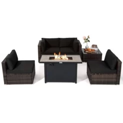 Tangkula 6 Pieces Outdoor PE Rattan Wicker Sectional Sofa With 42" 60,000 BTU Gas Fire Pit Table, Patio Conversation Set With Tempered Glass Coffee Table Black/Navy Blue/Red/Turquoise/Off White -Tangkula GUEST bbbd4dfa 6c38 46e3 821c ca31d0319d02