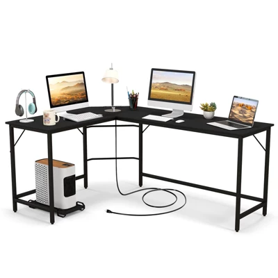 Tangkula L-Shaped Desk With Power Outlet 66” Computer Corner Desk With CPU Stand & Heavy-duty Metal Frame Rustic Brown/Black 12 Tangkula L-Shaped Desk With Power Outlet 66” Computer Corner Desk With CPU Stand & Heavy-duty Metal Frame Rustic Brown/Black - Image 10