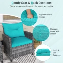 Tangkula 3 Pieces Patio Bistro Set Outdoor PE Rattan Conversation Chair Set With Tempered Glass Side Table And Removable Cushions Turquoise -Tangkula GUEST bc0efefc 9c45 4b24 ae12 b1a88c6df7d4