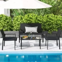 Tangkula 4 PCS Patio Furniture Set Heavy Duty Galvanized Metal Frame Wicker Table Black -Tangkula GUEST bd1a626c ec9c 428e acd7 9028482d7335