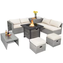 Tangkula 9 Pieces Outdoor Patio Furniture Set W/ 32" Propane Fire Pit Table Sectional Sofa Set W/ Storage Box Black/Gray/Navy/Red/Turquoise/Off White -Tangkula GUEST bd3a3df4 36b4 4208 8980 929f4fa73a59