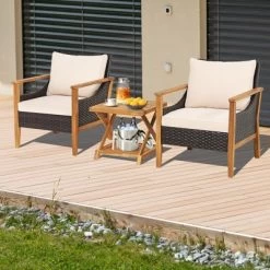 Tangkula 3 Pieces PE Wicker Patio Bistro Set Outdoor Acacia Wood Conversation Set With Cushions And 2-Tier Coffee Table -Tangkula GUEST bdaf8483 3091 4d8d ae76 f04e03ca21a7