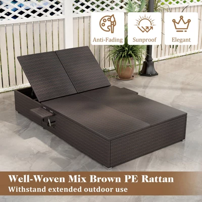 Tangkula Patio Double Chaise Lounge 6 Position Adjustable Wicker Recliner Bed With Cushions & Folding Side Trays 6 Tangkula Patio Double Chaise Lounge 6 Position Adjustable Wicker Recliner Bed With Cushions & Folding Side Trays - Image 4